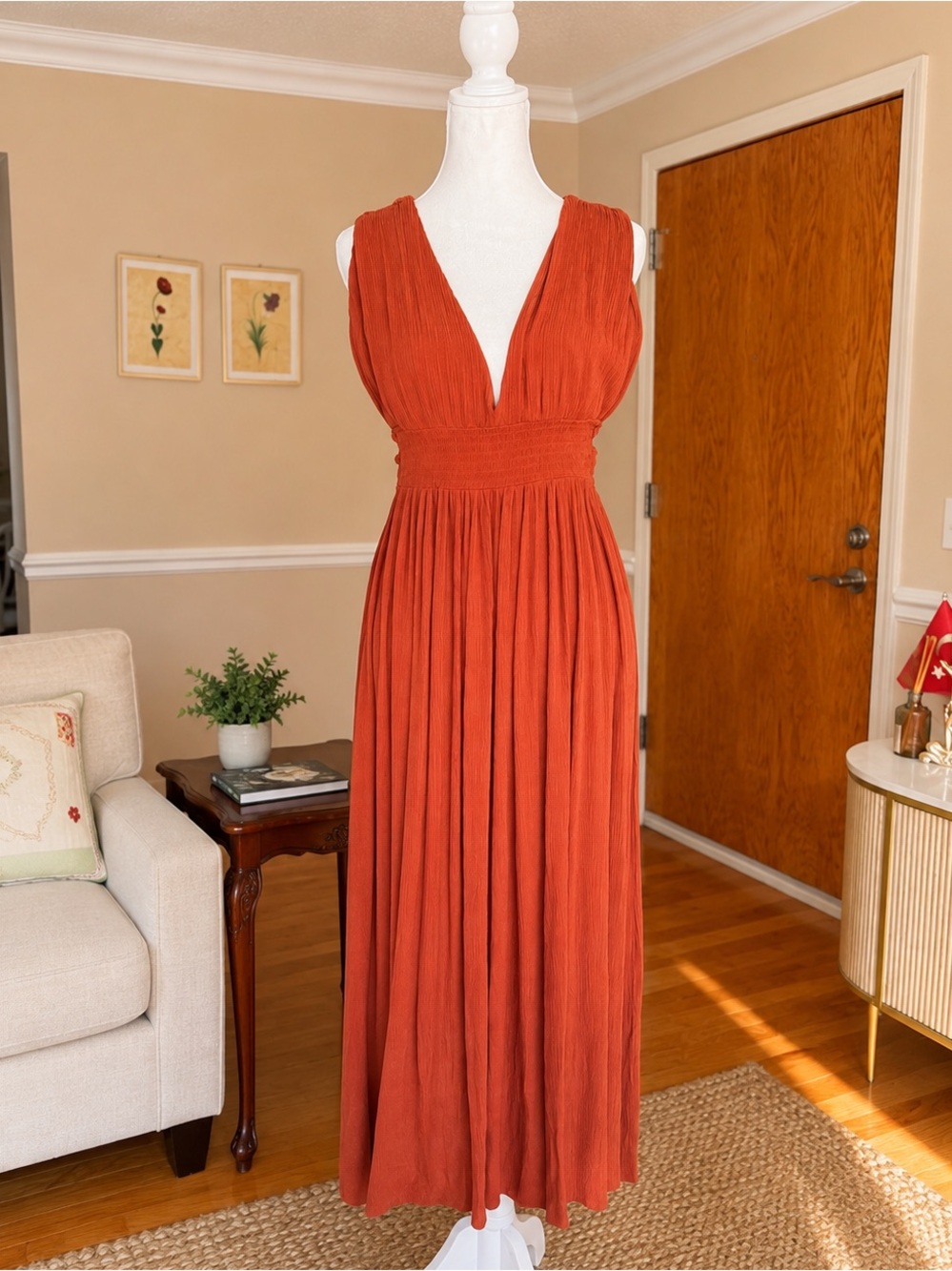 Terracotta Rust Deep V Open Back Maxi Dress